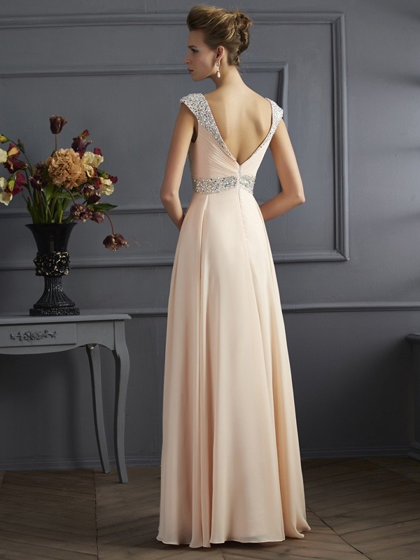 A-Line/Princess Straps Sleeveless Long Beading Chiffon Dresses 4857