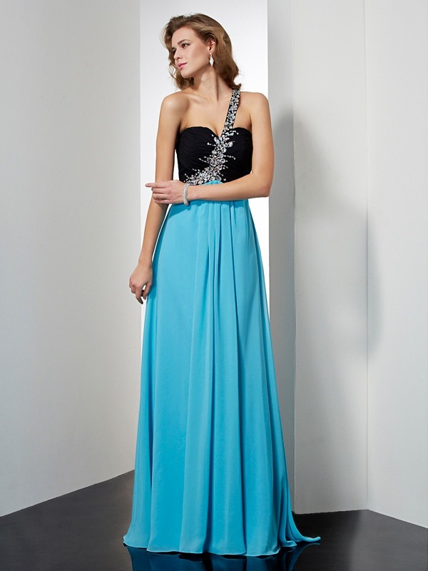 A-Line/Princess Sleeveless One-Shoulder Beading Long Chiffon Dresses 4564