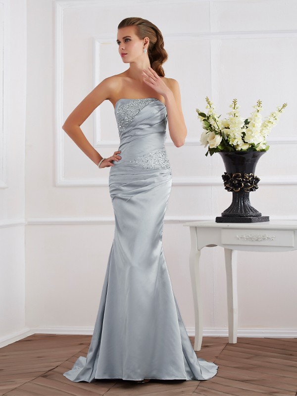 Trumpet/Mermaid Strapless Beading Long Elastic Woven Satin Dresses 7407