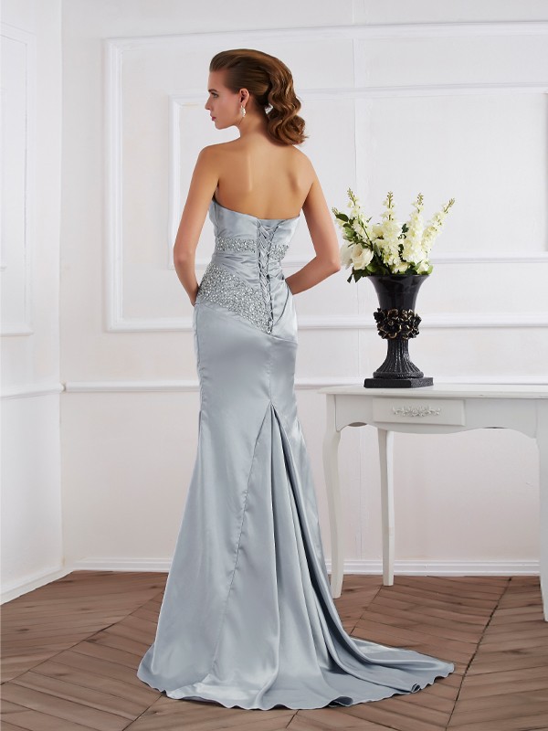 Trumpet/Mermaid Strapless Beading Long Elastic Woven Satin Dresses 7407