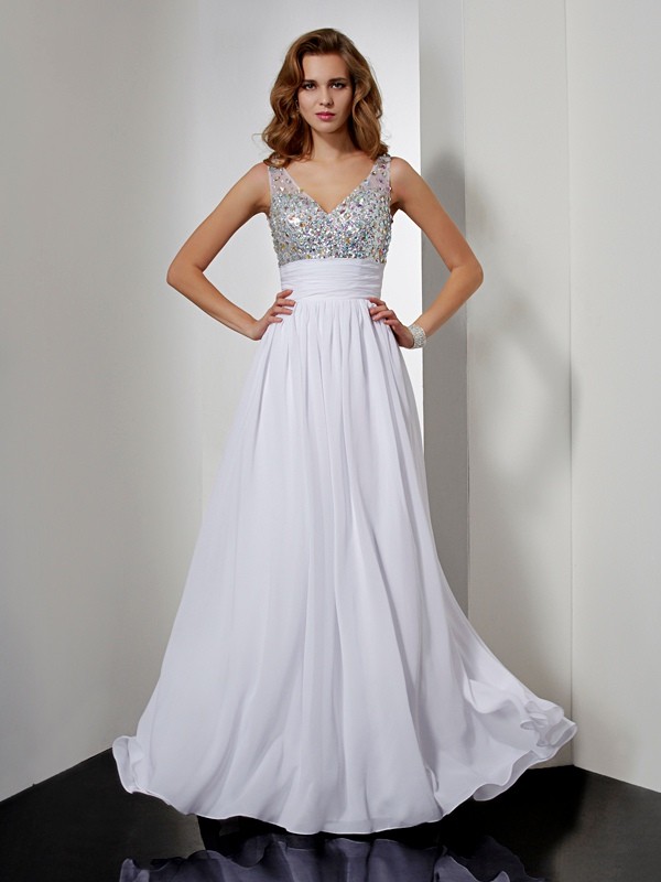 A-Line/Princess V-neck Rhinestone Sleeveless Long Chiffon Dresses 5480