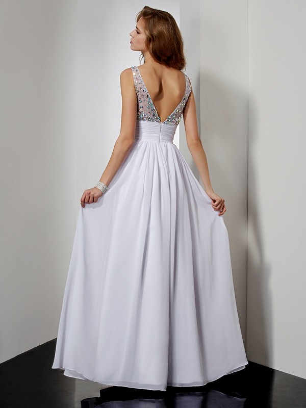 A-Line/Princess V-neck Rhinestone Sleeveless Long Chiffon Dresses 5480