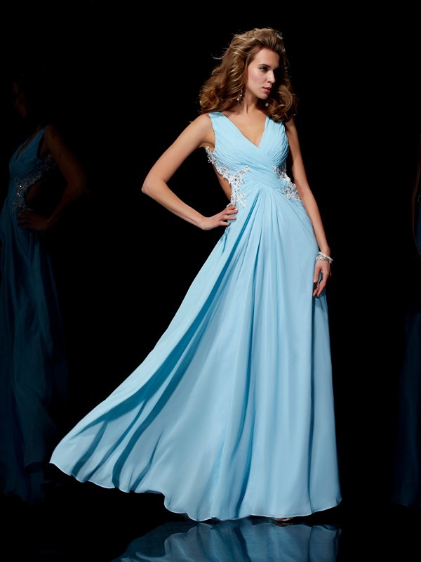 A-Line/Princess Straps Sleeveless Applique Beading Long Chiffon Dresses 4833