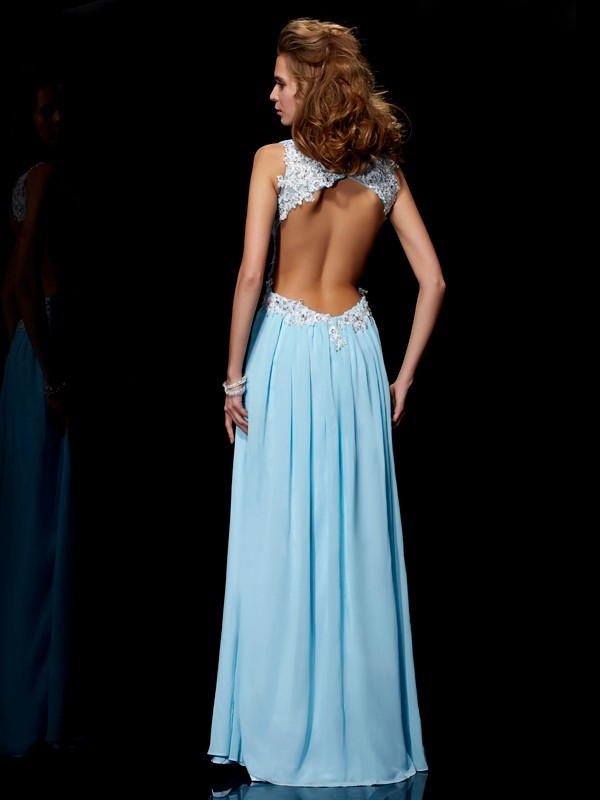 A-Line/Princess Straps Sleeveless Applique Beading Long Chiffon Dresses 4833