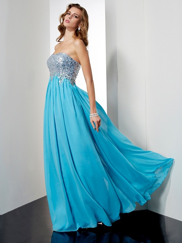 A-Line/Princess Strapless Sleeveless Long Beading Chiffon Dresses 4779