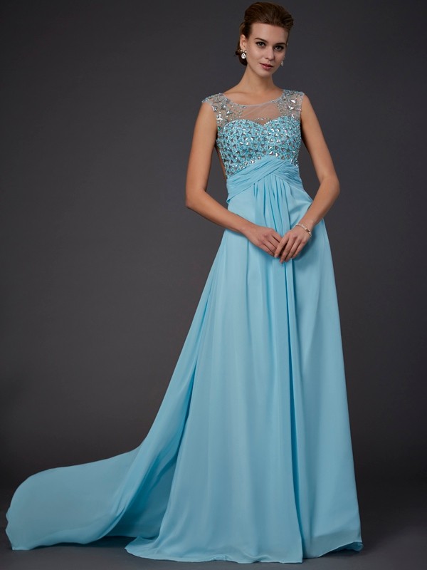 A-Line/Princess Scoop Beading Sleeveless Long Chiffon Dresses 4285