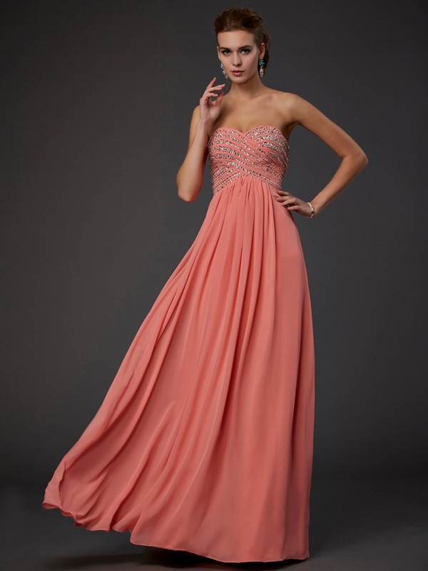 A-Line/Princess Sweetheart Sleeveless Beading Long Chiffon Dresses 5031