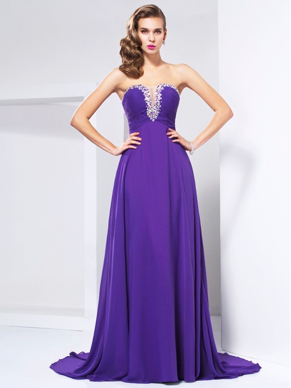 A-Line/Princess Sweetheart Sleeveless Beading Ruched Long Chiffon Dresses 5068