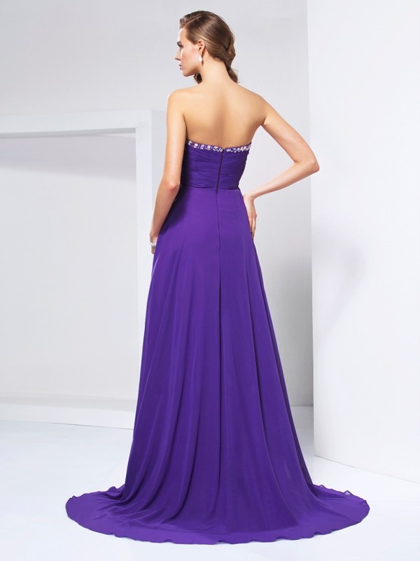 A-Line/Princess Sweetheart Sleeveless Beading Ruched Long Chiffon Dresses 5068