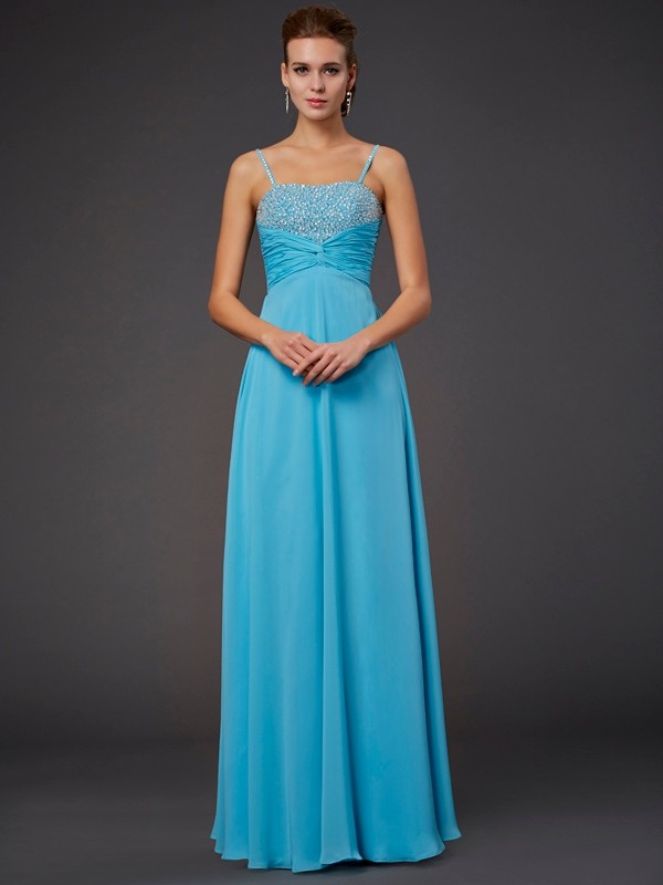 A-Line/Princess Spaghetti Straps Sleeveless Beading Long Chiffon Dresses 4711