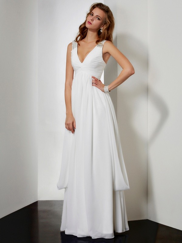 A-Line/Princess V-neck Sleeveless Rhinestone Long Chiffon Dresses 5552