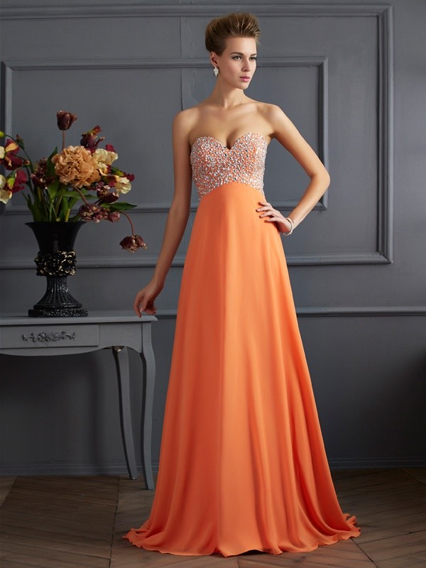 A-Line/Princess Sweetheart Sleeveless Beading Long Chiffon Dresses 5032