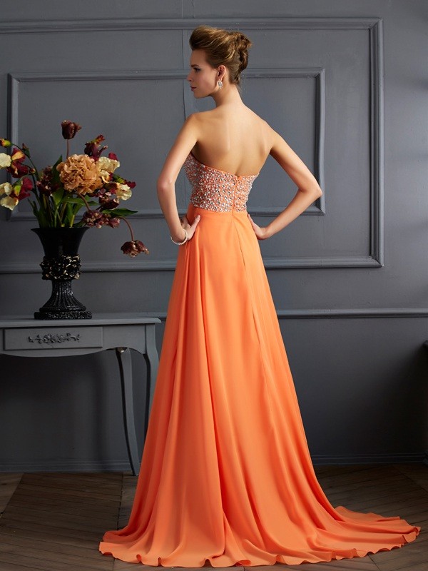 A-Line/Princess Sweetheart Sleeveless Beading Long Chiffon Dresses 5032