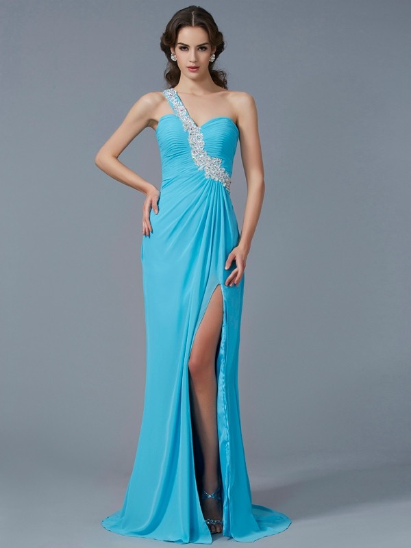 Sheath/Column One-Shoulder Sleeveless Beading Applique Long Chiffon Dresses 6178