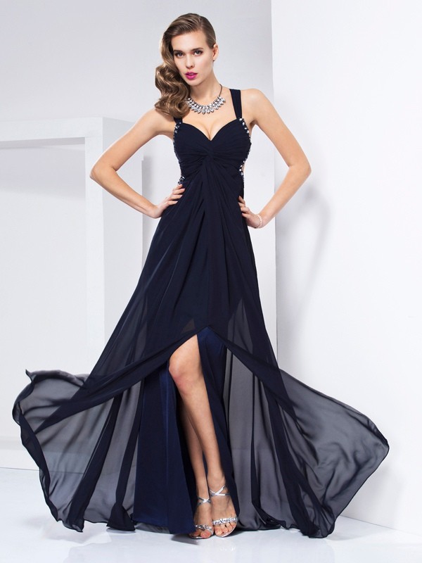 A-Line/Princess V-neck Sleeveless Ruffles Long Chiffon Dresses 5555