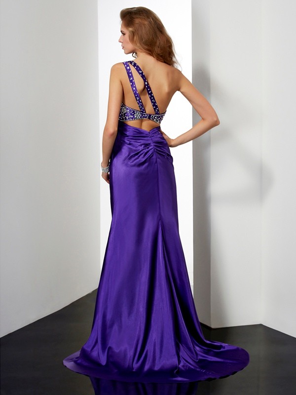 Sheath/Column Beading One-Shoulder Long Silk like Satin Dresses 5849