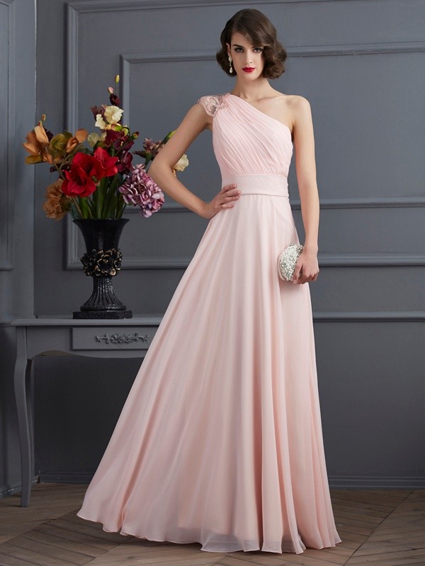 A-Line/Princess One-Shoulder Sleeveless Long Beading Chiffon Dresses 3911