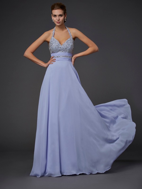 A-Line/Princess Halter Sleeveless Beading Chiffon Long Dresses 3582