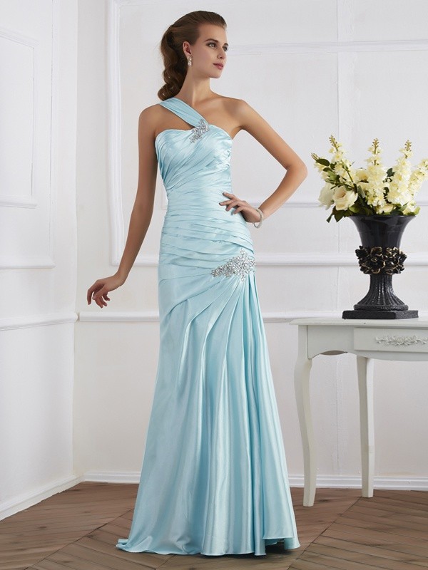 Trumpet/Mermaid One-Shoulder Sleeveless Ruched Long Elastic Woven Satin Dresses 7185