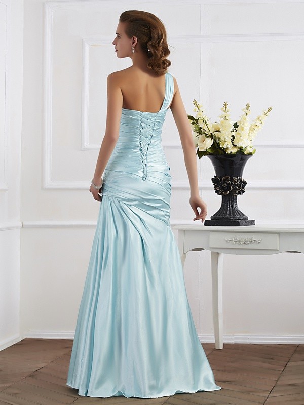 Trumpet/Mermaid One-Shoulder Sleeveless Ruched Long Elastic Woven Satin Dresses 7185