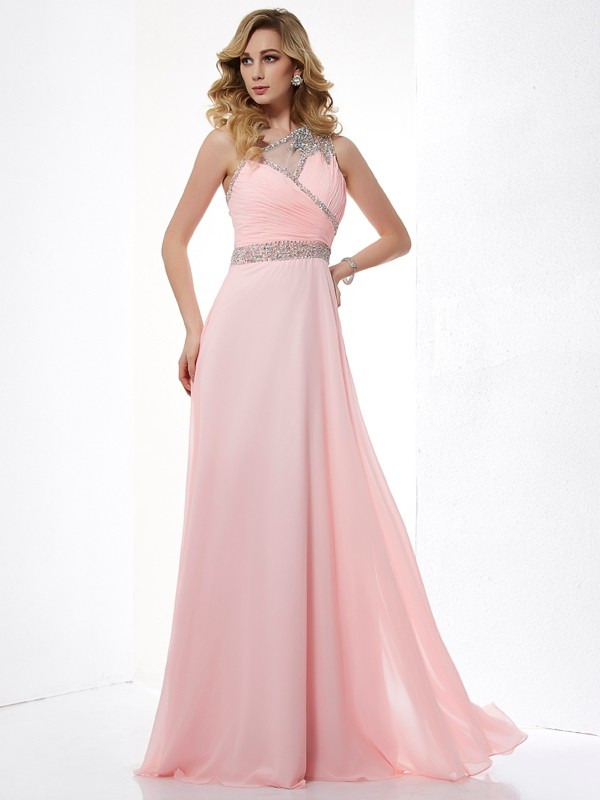 A-Line/Princess One-Shoulder Sleeveless Beading Chiffon Long Dresses 3883