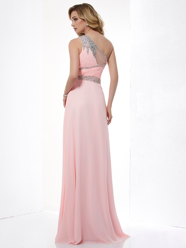 A-Line/Princess One-Shoulder Sleeveless Beading Chiffon Long Dresses 3883