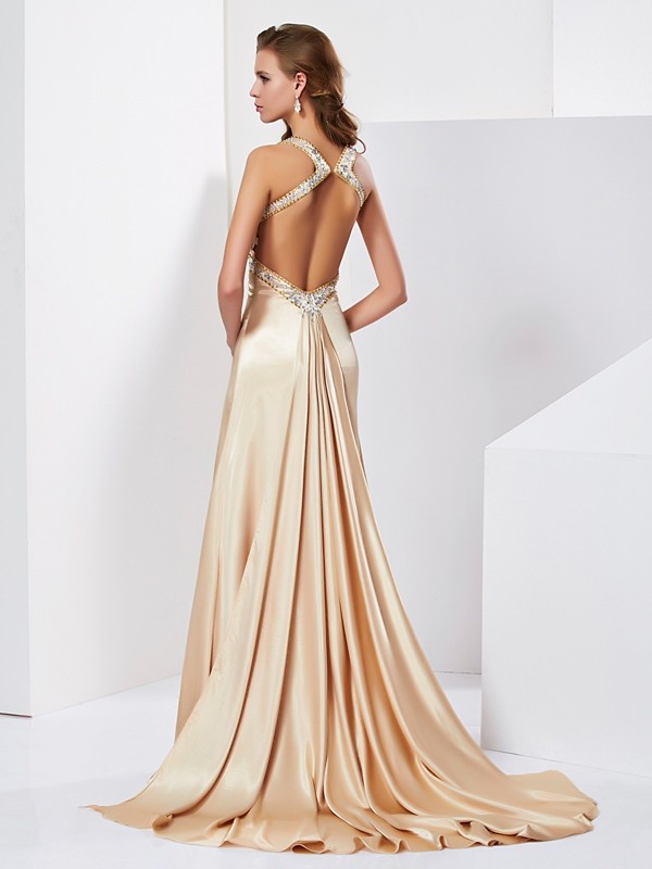 Sheath/Column Halter Sleeveless Ruffles Long Silk like Satin Dresses 5969