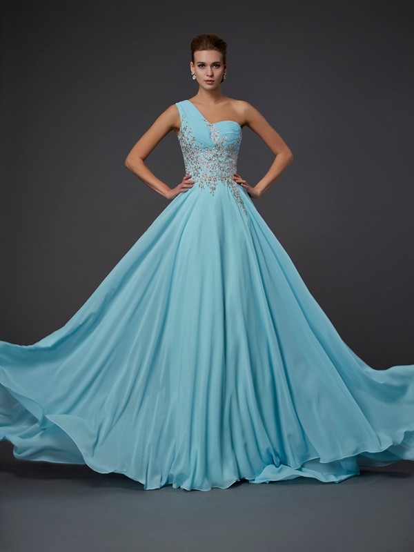 A-Line/Princess One-Shoulder Sleeveless Ruffles Long Chiffon Dresses 3934