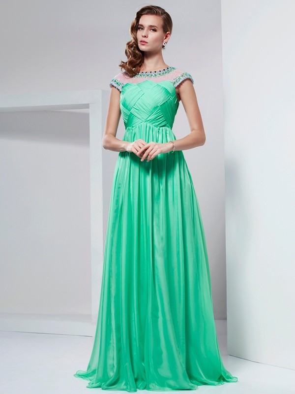 A-Line/Princess High Neck Short Sleeves Ruffles Long Chiffon Dresses 3640