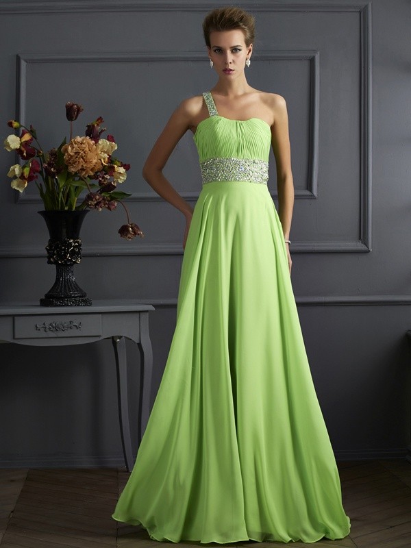 A-Line/Princess Sleeveless Beading One-Shoulder Chiffon Long Dresses 4492