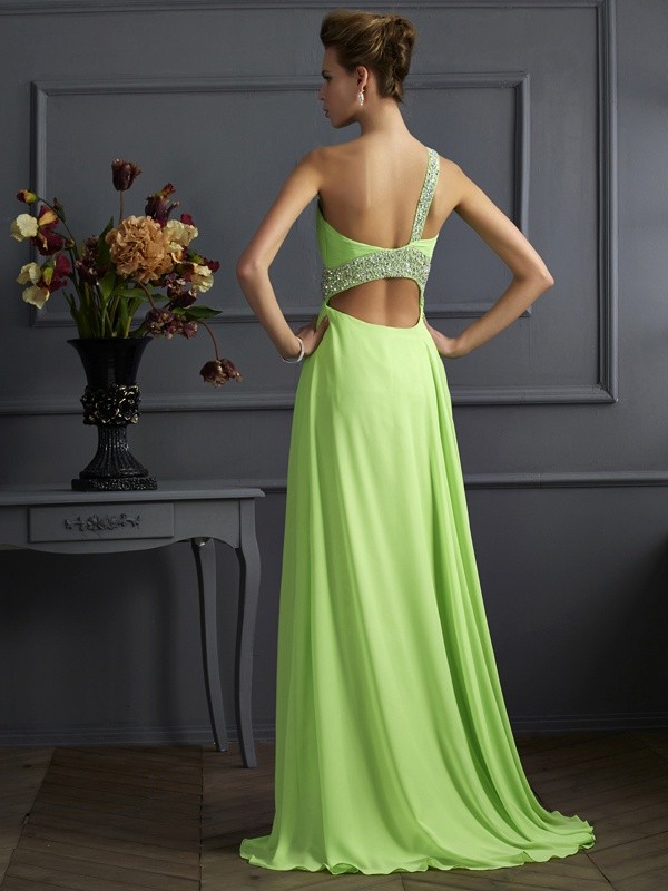 A-Line/Princess Sleeveless Beading One-Shoulder Chiffon Long Dresses 4492