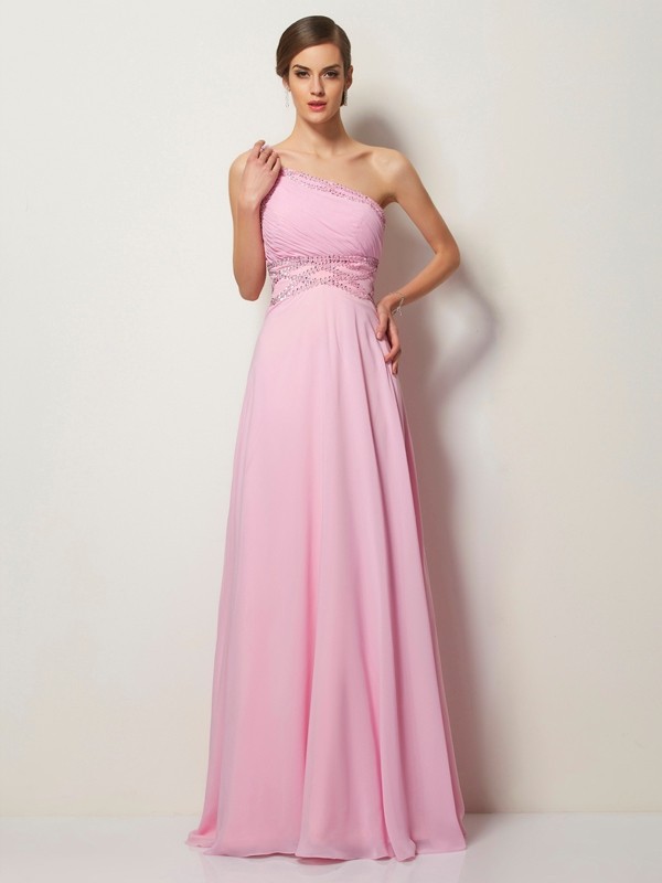 A-Line/Princess One-Shoulder Sleeveless Long Beading Chiffon Dresses 3912