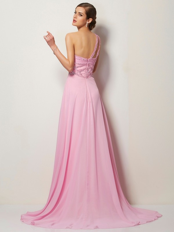 A-Line/Princess One-Shoulder Sleeveless Long Beading Chiffon Dresses 3912