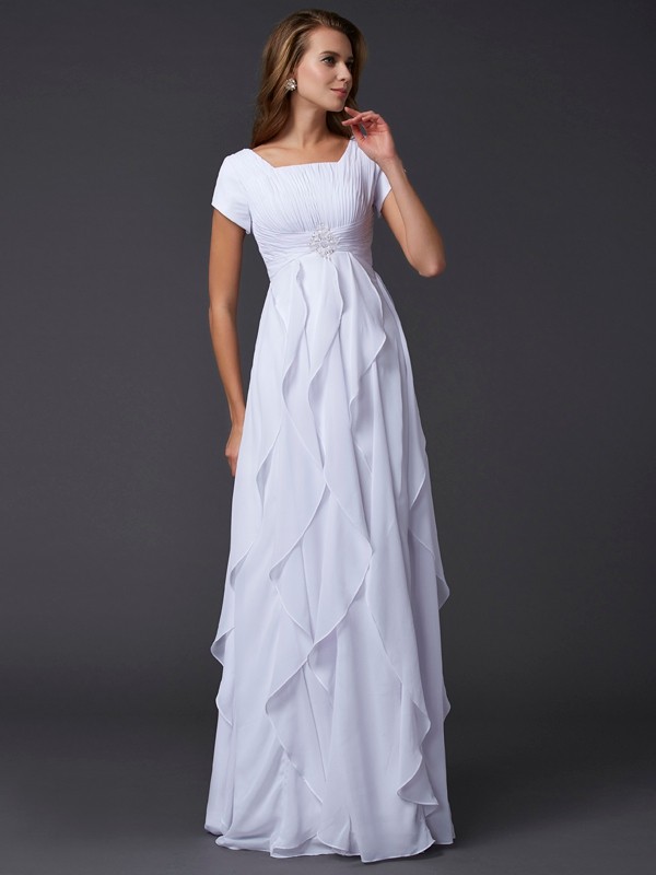 Sheath/Column Square Short Sleeves Ruffles Long Chiffon Dresses 6665