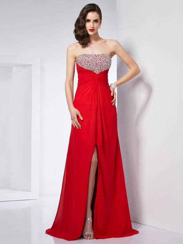 A-Line/Princess Sleeveless Strapless Beading Long Chiffon Dresses 4611