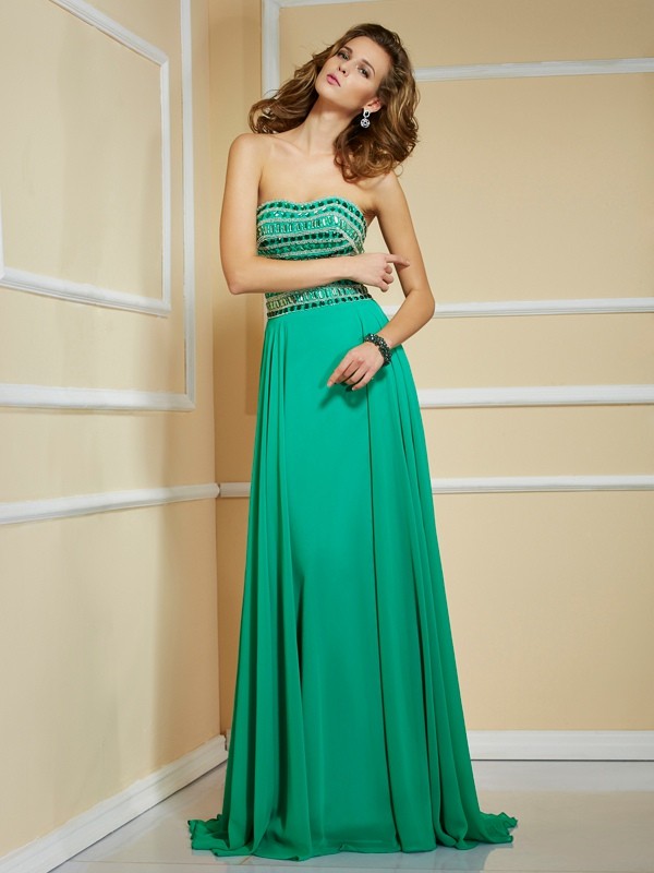 A-Line/Princess Strapless Sleeveless Rhinestone Long Chiffon Dresses 4786