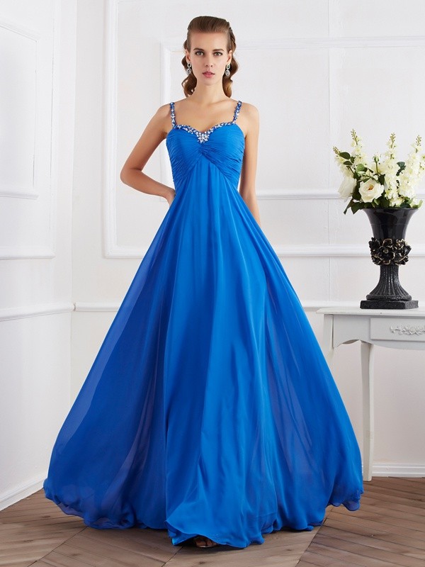 A-Line/Princess Spaghetti Straps Sleeveless Beading Applique Long Chiffon Dresses 4707