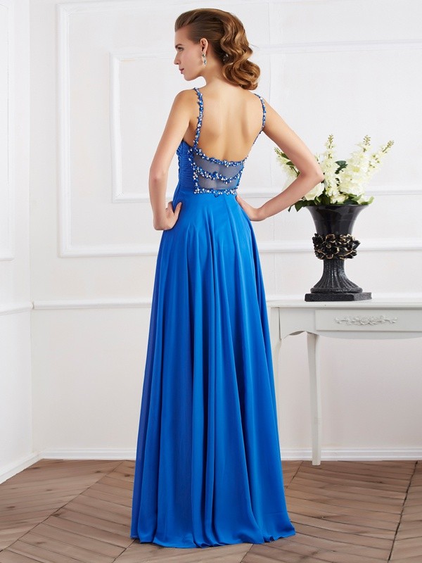 A-Line/Princess Spaghetti Straps Sleeveless Beading Applique Long Chiffon Dresses 4707