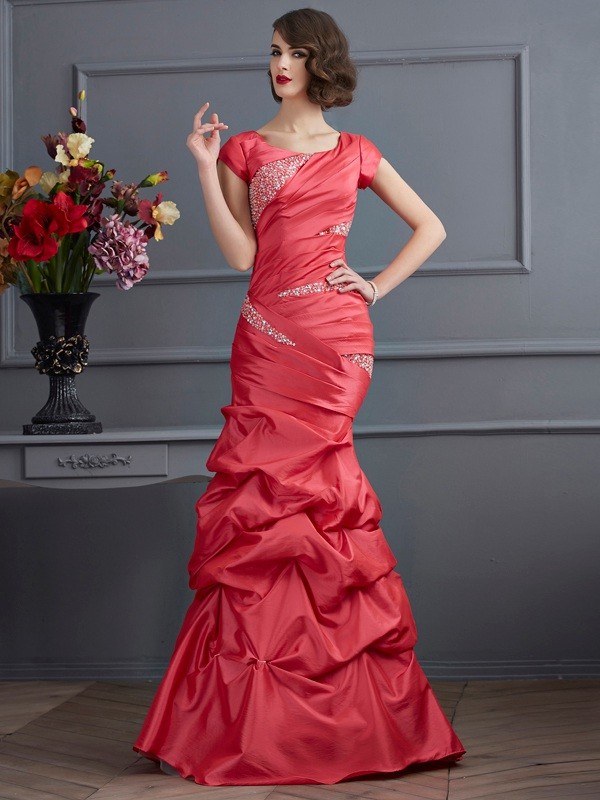 Trumpet/Mermaid Scoop Short Sleeves Beading Long Taffeta Dresses 7271