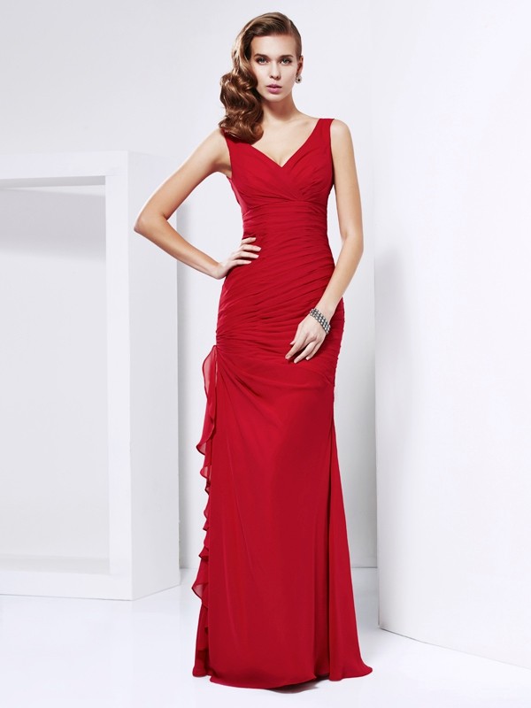 Sheath/Column V-neck Sleeveless Ruched Long Chiffon Dresses 6908