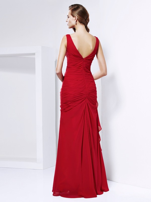 Sheath/Column V-neck Sleeveless Ruched Long Chiffon Dresses 6908