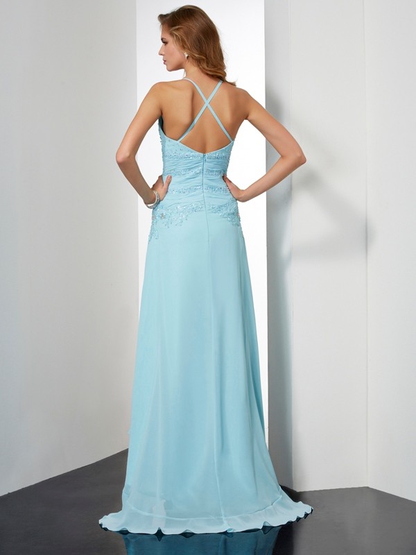 A-Line/Princess Spaghetti Straps Sleeveless Beading Crystal High Low Chiffon Dresses 4708