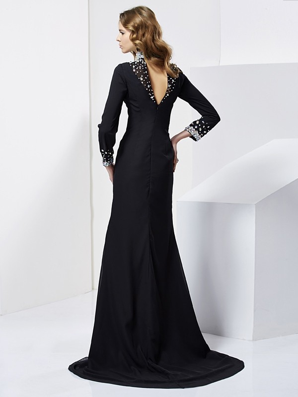 Sheath/Column High Neck Long Sleeves Rhinestone Long Chiffon Dresses 5987