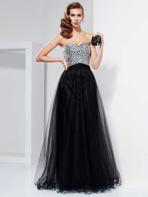 A-Line/Princess Sweetheart Sleeveless Beading Crystal Long Elastic Woven Satin Dresses 5024