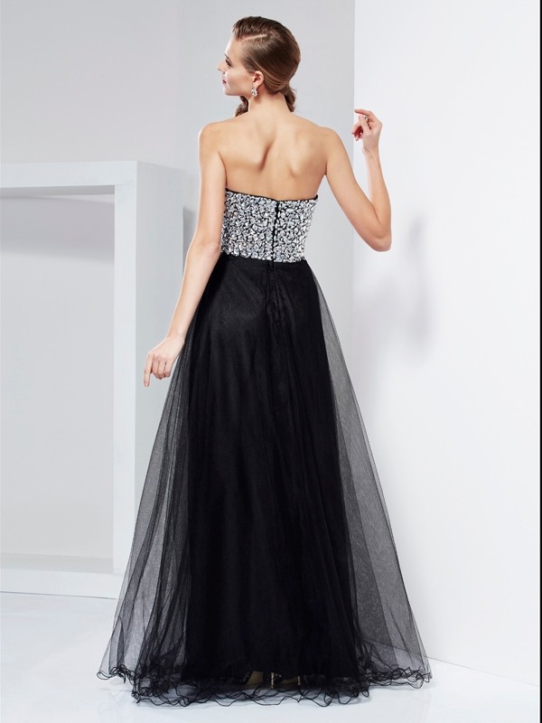 A-Line/Princess Sweetheart Sleeveless Beading Crystal Long Elastic Woven Satin Dresses 5024