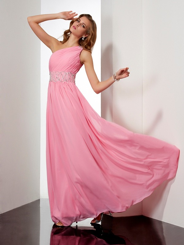 A-Line/Princess One-Shoulder Sleeveless Beading Long Chiffon Dresses 3887