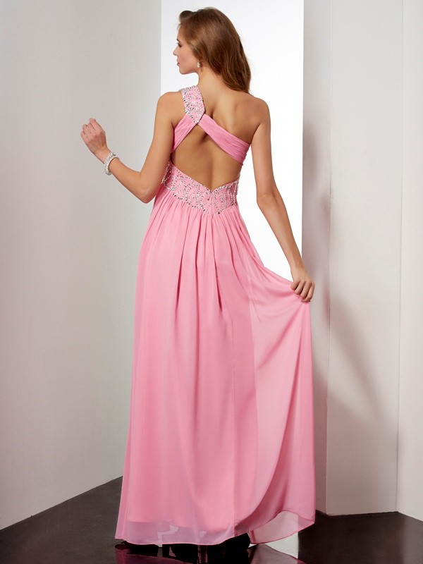 A-Line/Princess One-Shoulder Sleeveless Beading Long Chiffon Dresses 3887