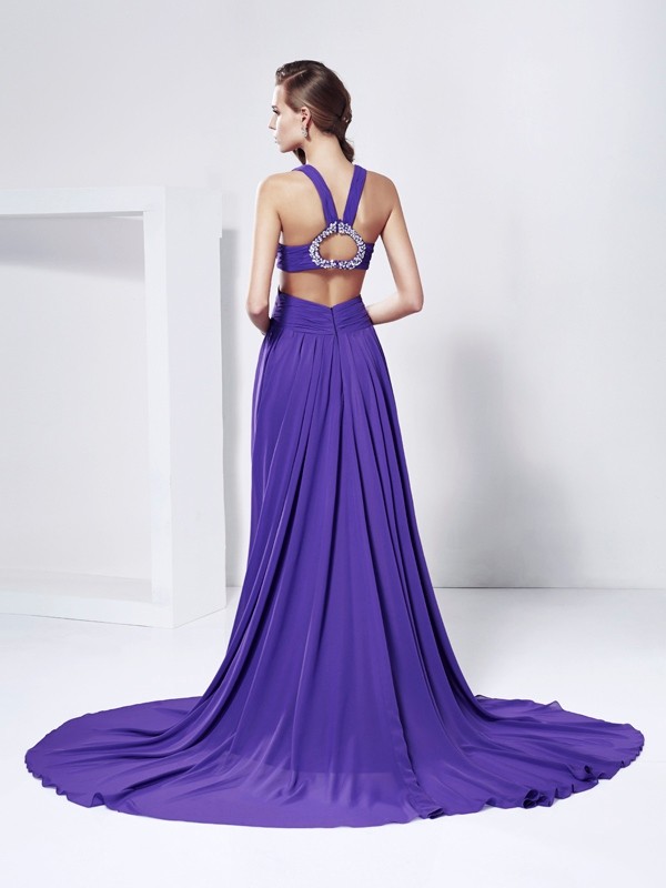 A-Line/Princess V-neck Sleeveless Rhinestone Long Chiffon Dresses 5553