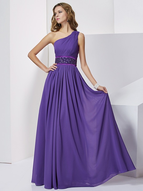 Empire One-Shoulder Sleeveless Beading Long Chiffon Dresses 5818