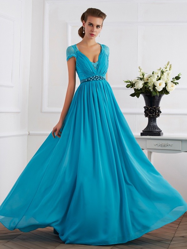 A-Line/Princess V-neck Beading Short Sleeves Long Chiffon Dresses 5433